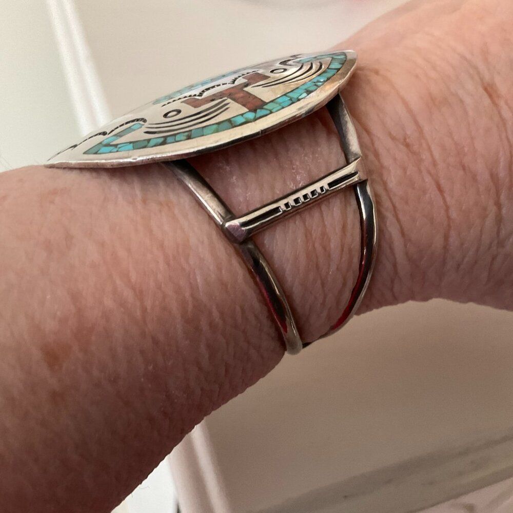 RARE Vintage Native American inlaid silver, turquoise and coral, Artisanal - Picture 2 of 5